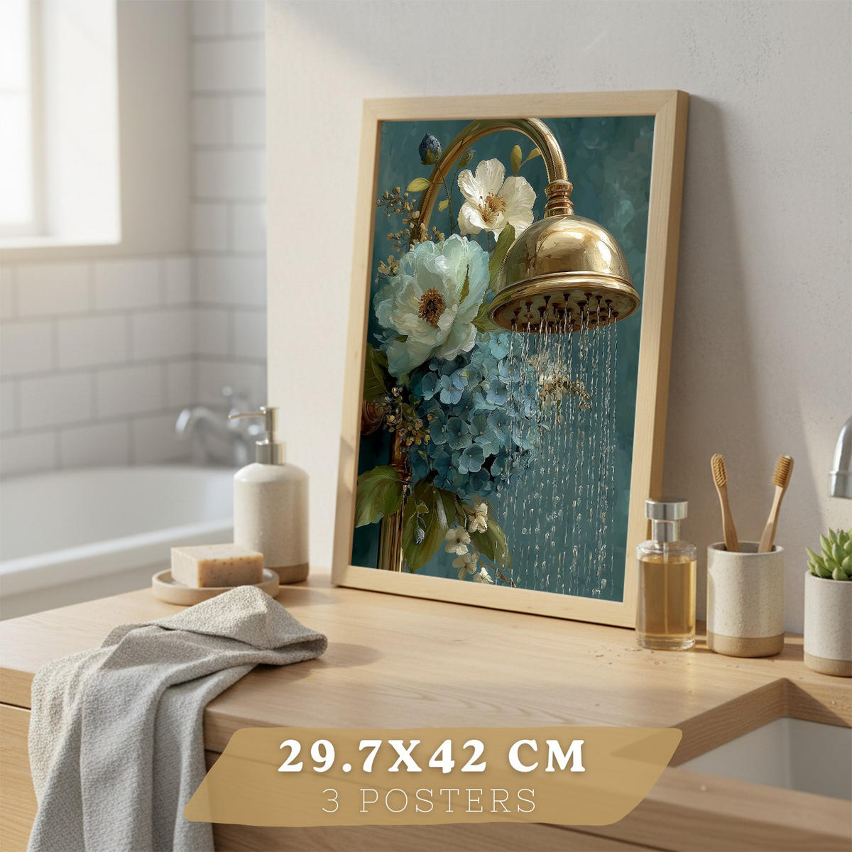 PLAKÁT Sada 3 dekorativních koupelnových tisků Světlý dřevěný rám A3 - béžová, papír (42/29.7/3cm) - Nacnic