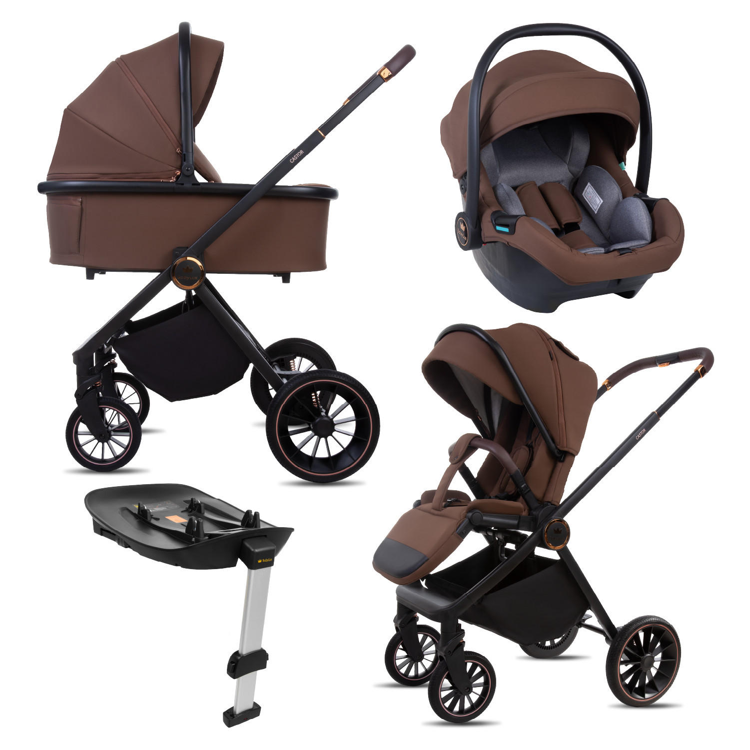 KINDERWAGEN Castor 4in1 Brownie Babywanne, Reisebuggy, Autositz, Isofix Basis - Schwarz/Braun, Textil/Metall (58/98cm) - BabyLux