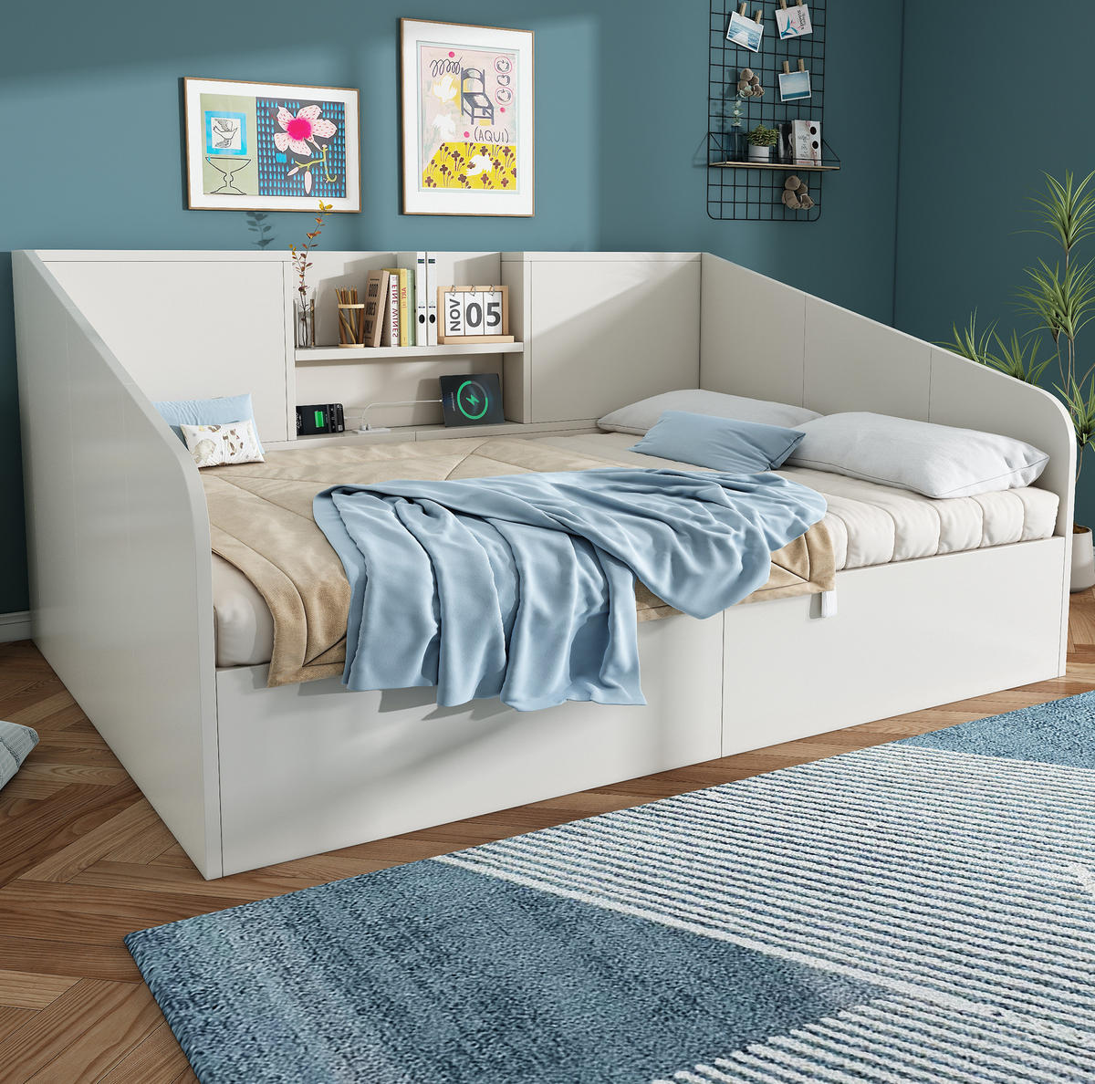 POLSTERBETT 140x190 cm in Weiß mit USB/Typ-C-Ladestation & Stauraum - Weiß, Holzwerkstoff (140/190cm) - Modfu
