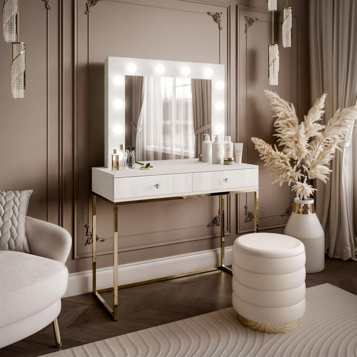 SCHMINKTISCH BLANCO mit Spiegel und Beleuchtung Gold Chrom Weiß Hochglanz Kristallgriff - Weiß Hochglanz/Goldfarben, Holzwerkstoff (100/146/42cm) - Lookway