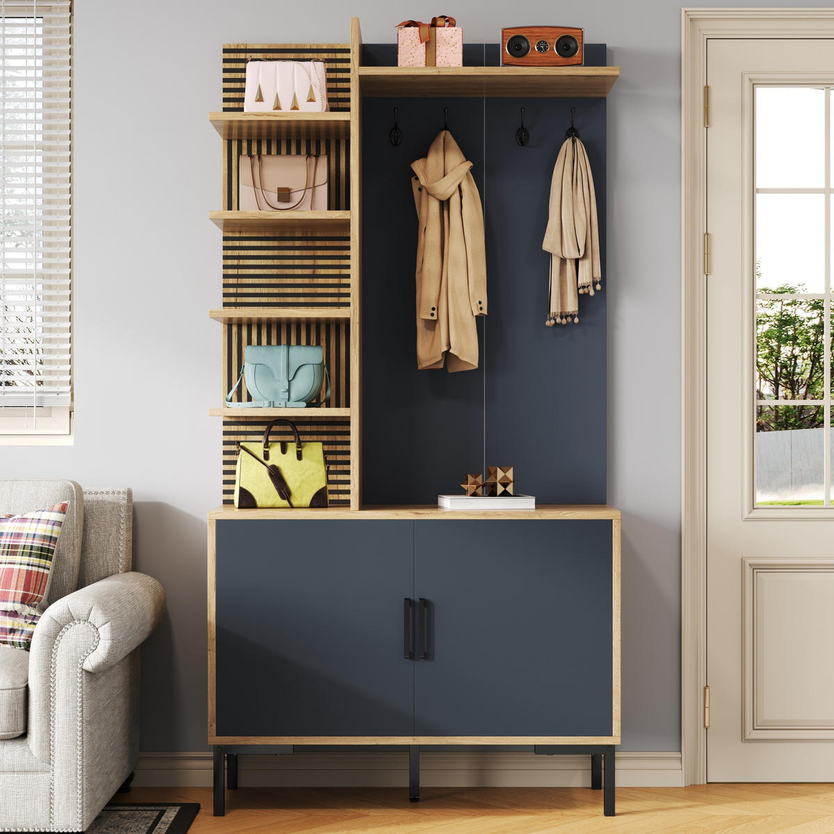 KLEIDERSCHRANK Schuhfach Regale Haken verstellbar modern - Naturfarben, Holzwerkstoff (40/190.05/100cm) - FLIEKS