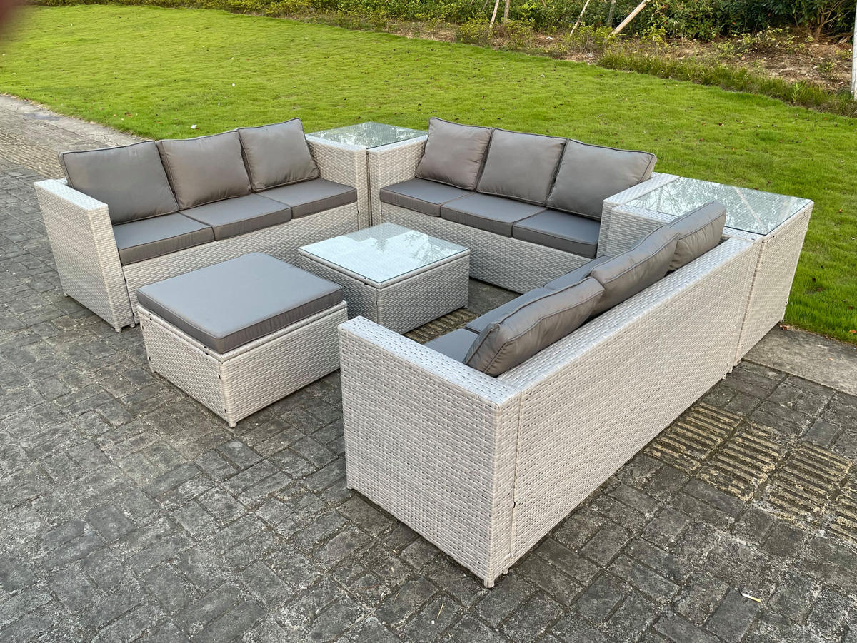 GARTENMÖBEL SET Polyrattan Helles Grau 10-Sitzer - Hellgrau, Metall - Fimous