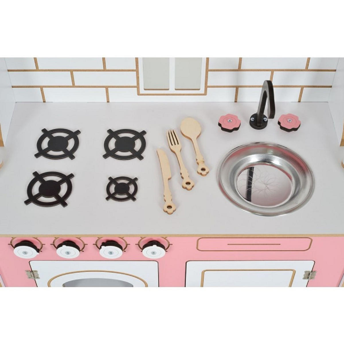 SPIELKÜCHE Rosey CG39 rosa Holz, Herd mit 4 Kochplatten, Backofen, Spülbecken, Küchenutensilien - Rosa, Holz (70/33/105cm) - Moni