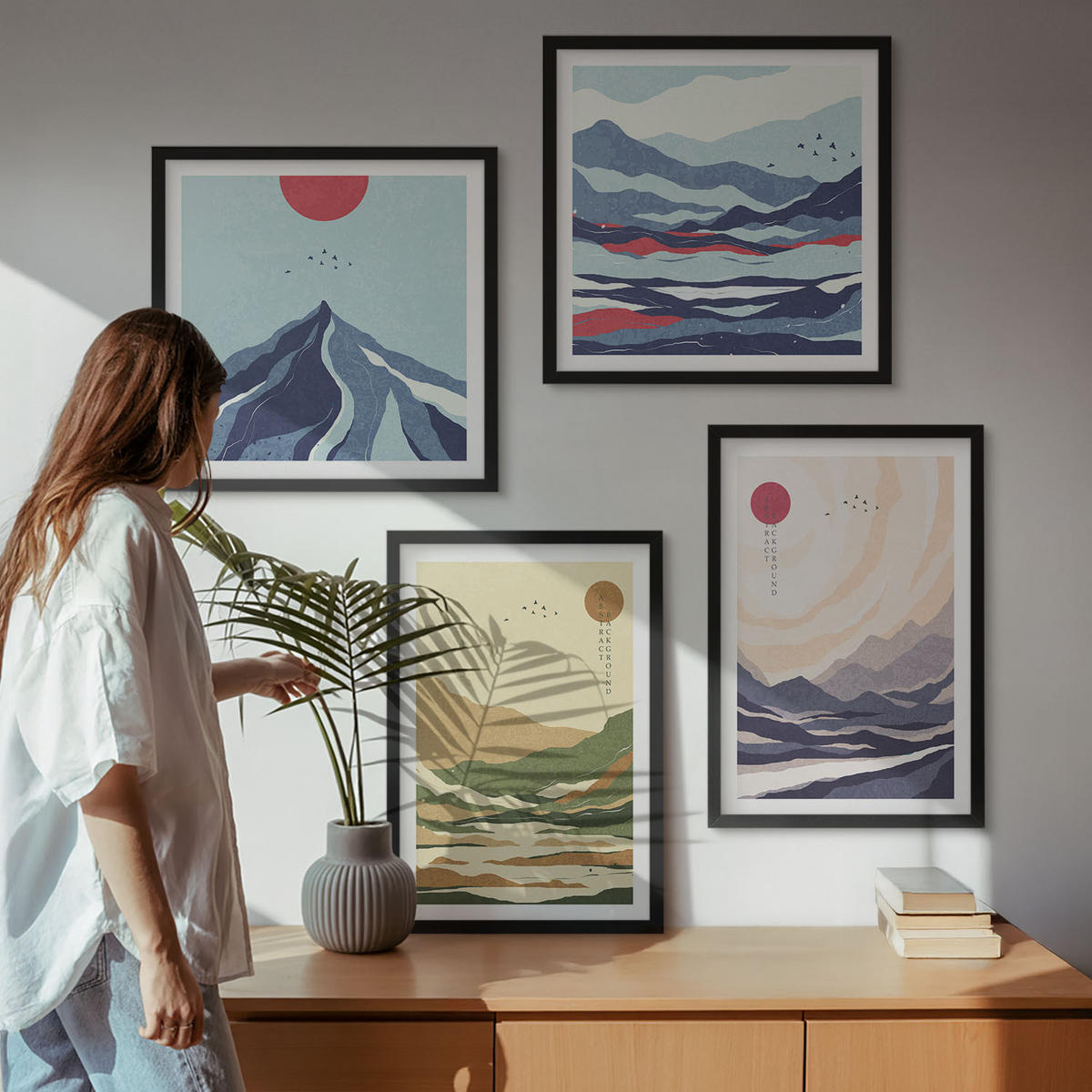 WANDBILDER 4er-Set - 50x50 cm & 40x60 cm Schwarzer Rahmen - Pastellfarbene Berge im Japandi-Stil - Schwarz, Kunststoff (50/50cm) - ArtPrintCave