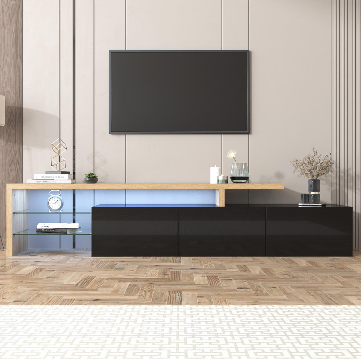 TV-ELEMENT mit LED 197,5 cm Schwarz Holzoptik - Schwarz, Glas (39/42/197.5cm) - Beauniv