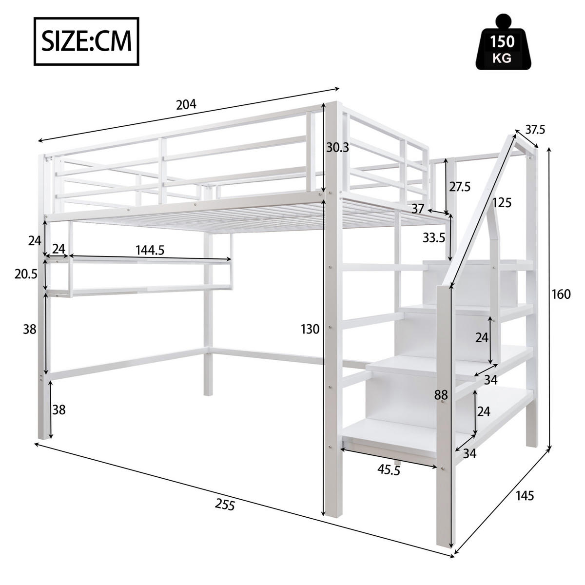 VYSOKÁ postel 140/200 cm bílá s policemi a úložným žebříkem z kovu a MDF - bílá, kov (140/200cm) - OKWISH