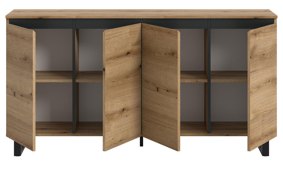 SIDEBOARD Evoke Eiche mit schwarz, Kommode 160 x 84 cm mit Soft-Close, Gelia - Eichefarben/Schwarz, Holzwerkstoff/Metall (160/84/36cm) - Inn.Furn