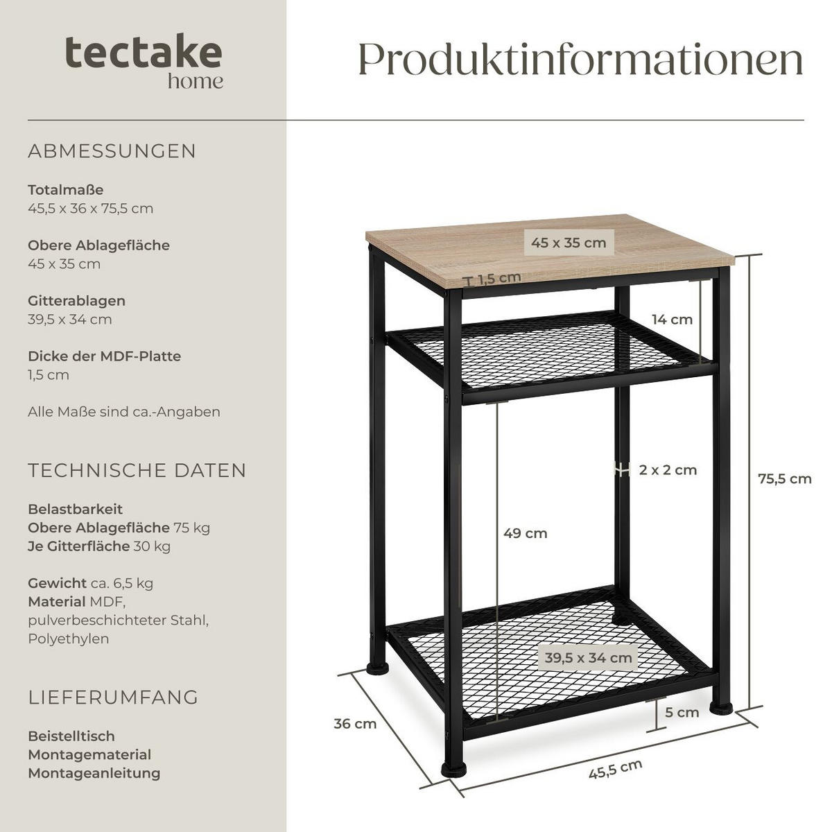 BEISTELLTISCH York,45,5 x 36 x 75,5 cm,Industrial Holz hell, Eiche Sonoma - Naturfarben, Holz (36/45.5/75.5cm) - tectake