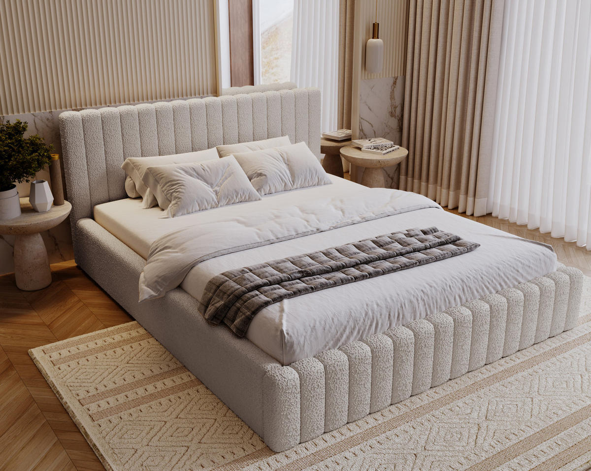 POLSTERBETT 160x200 Billo mit Bettkasten, Boucle Hellgrau - Hellgrau, Holz/Textil (160/200cm) - Emporius