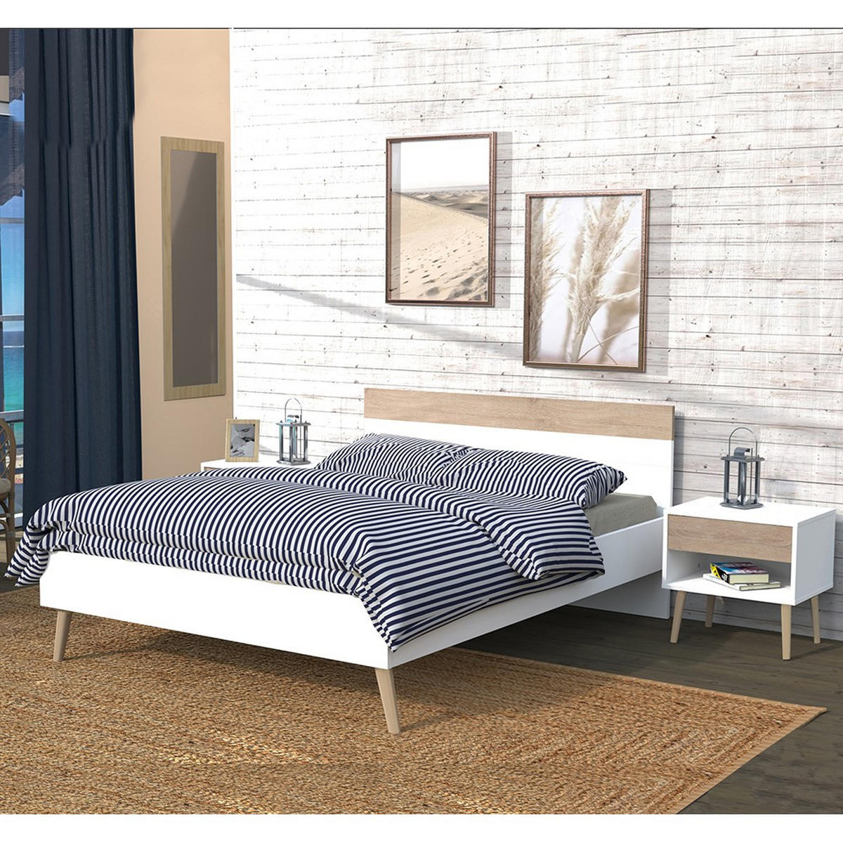 BETT CAMPER/ 160x200 cm - Weiß & gebleichte Eiche - Weiß, Holzwerkstoff (160/200cm) - Weber Industries
