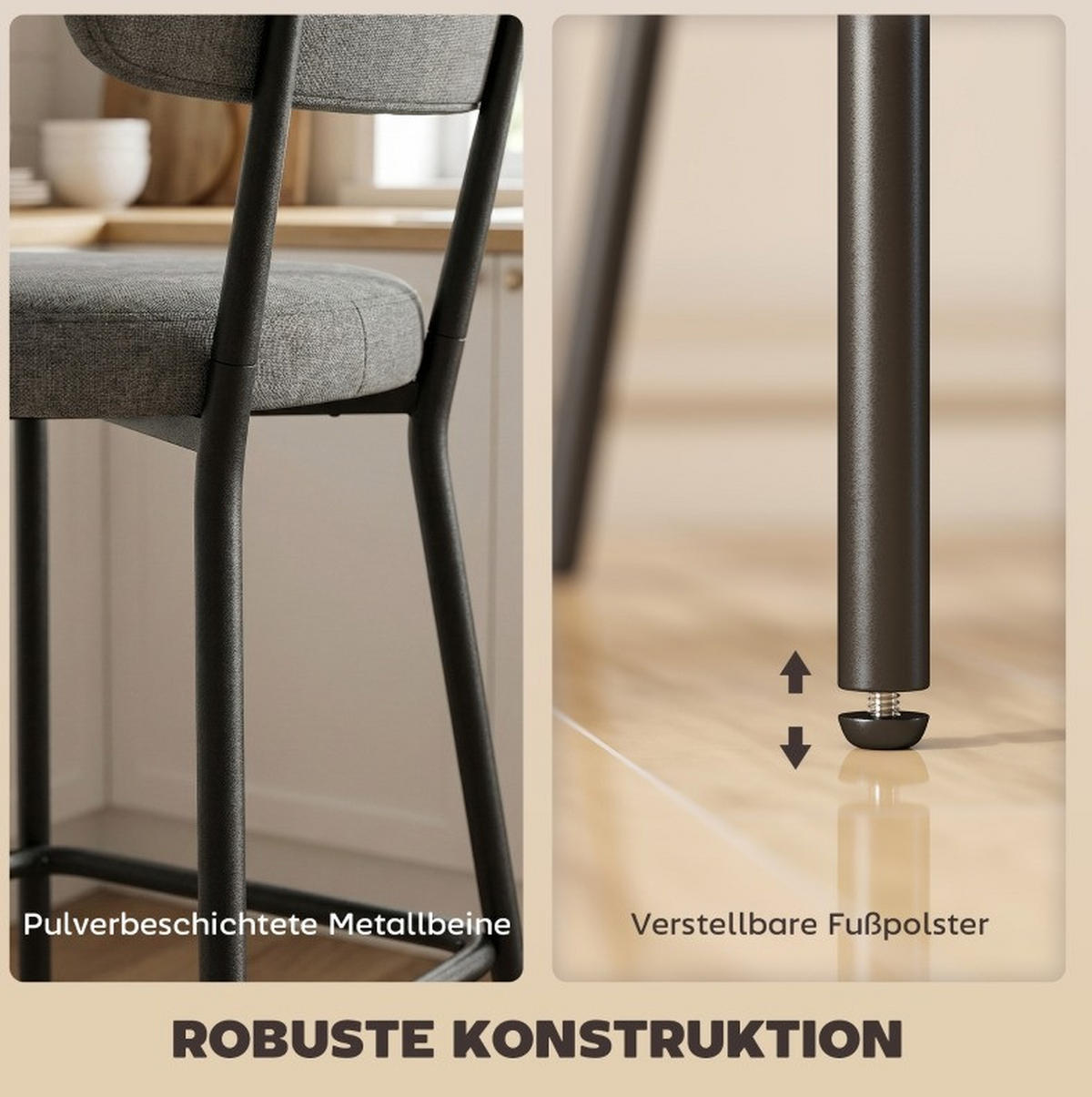 BARHOCKER 2er-Set mit Rückenlehne 49 x 53 x 93 cm Polyester Gray - Grau, Metall (49/93/53cm) - Meubliv