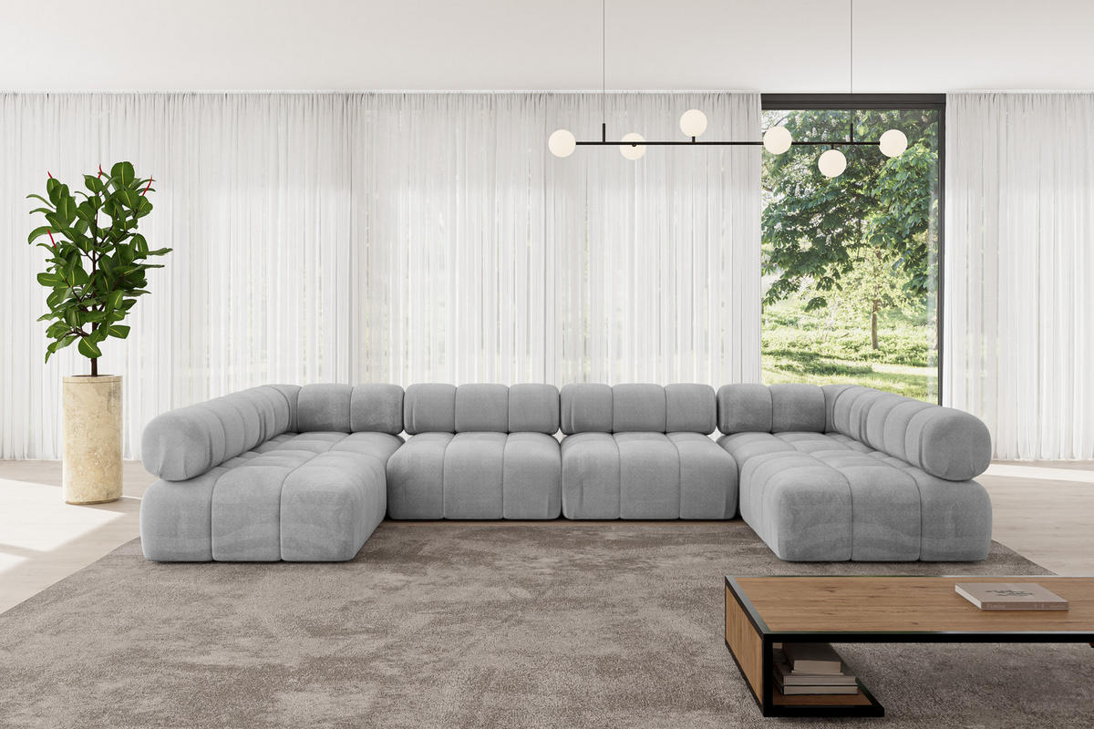 WOHNLANDSCHAFT modulares Sofa Garvo-U2 - 380x190x70 cm Hellgrau Velours - Hellgrau, Holzwerkstoff/Textil (380/70/190cm) - ALTDECOR