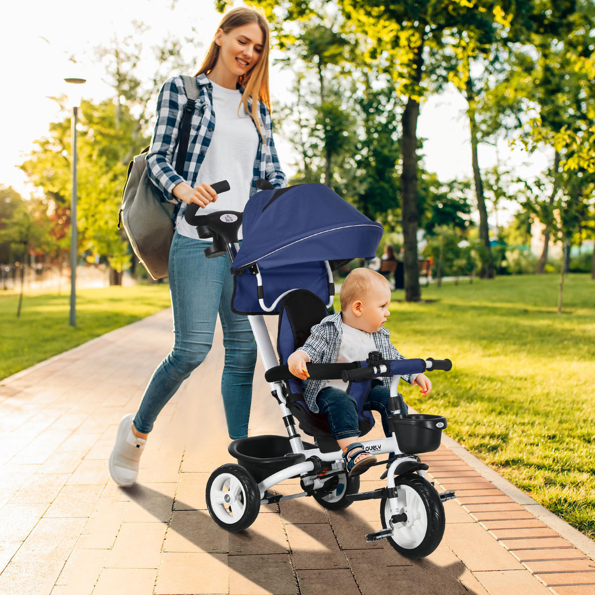 6 in 1 Dreirad mit Schubstange, Kinderdreirad mit Sicherheitsgurt, Sonnendach - Blau, Metall (112/50/104cm) - HOMCOM