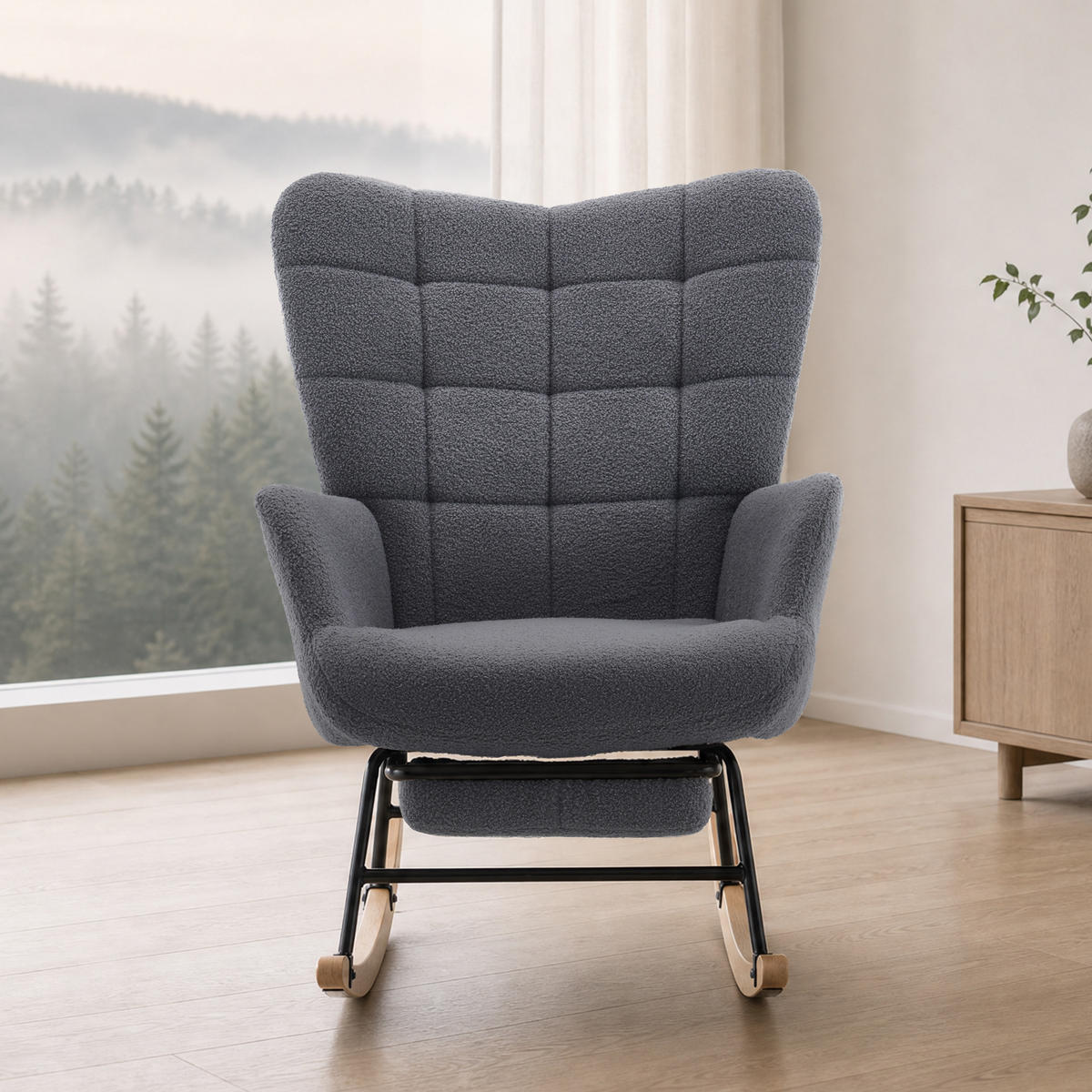 SCHAUKELSTUHL in Grau mit weichem Sherpa-Bezug und ausziehbarer Fußstütze - Naturfarben/Grau, Holz/Textil (68/91/88cm) - CHICFURN