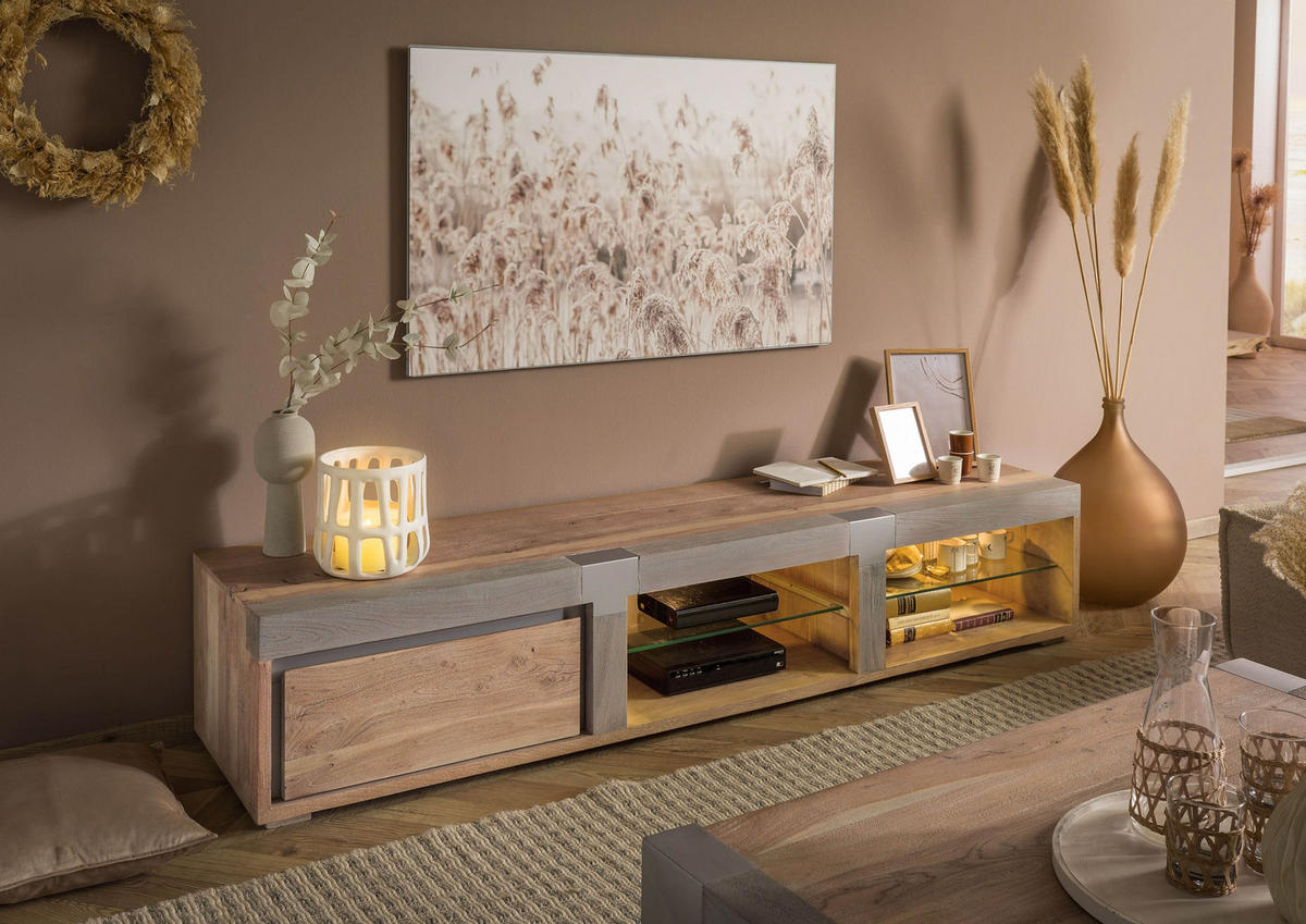 TV-BOARD Akazie 205x48x39 beige lackiert Amsterdam #103 - Beige, Holz (205/39/48cm) - Massivmoebel24