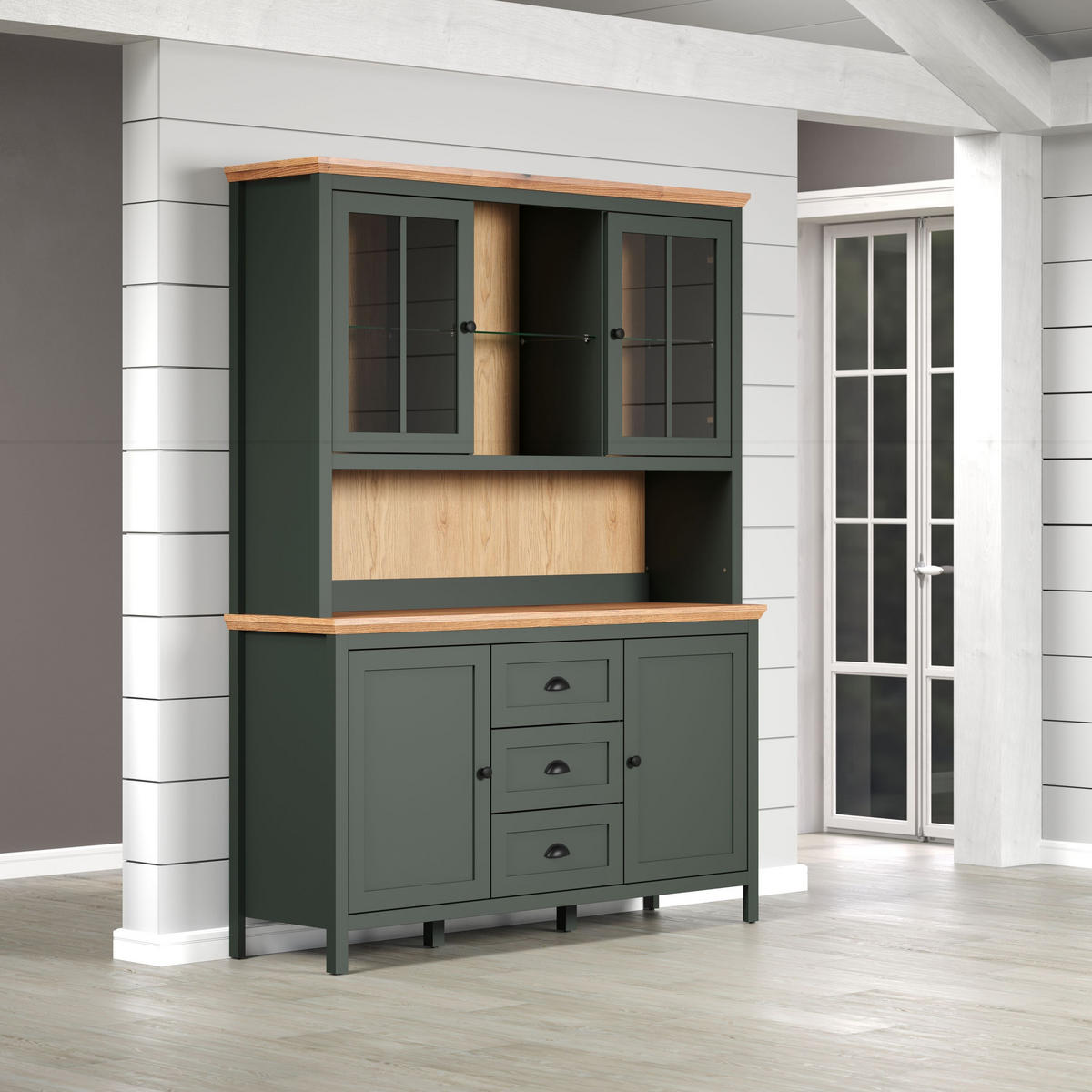 BUFFETSCHRANK mit LED-Beleuchtung, 4 Türen, 3 Schubladen und 2 Nischen H198 cm - Stanton - Grün, Holzwerkstoff (146/146/198cm) - Trendteam