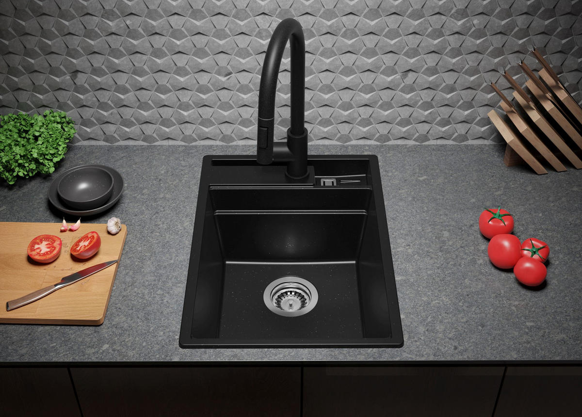 SPÜLBECKEN Oslo Pocket, 2-er set Schwarz Metallic 38/53 cm 1 Becken + Ablauf-Set + Küchenzubehörset ab 40er Unterschrank - Chromfarben/Schwarz Hochglanz, Kunststoff (38/20/53cm) - Primagran