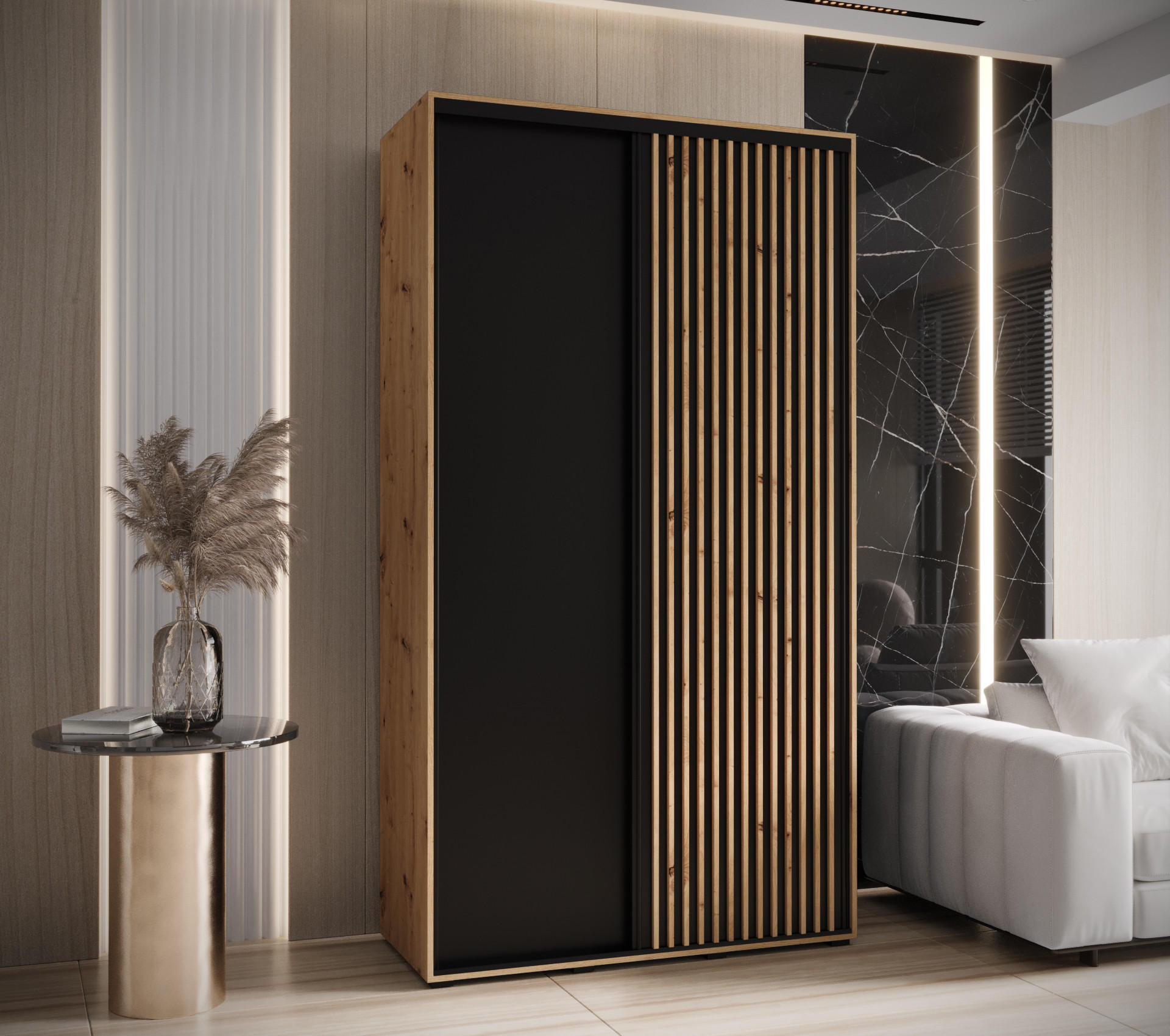 Thumbnail - Abiks Möbel Schwebetürenschrank, Eiche Artisan, Schwarz, Eiche Artisan, Metall, Nachbildung, 6 Fächer, 130x235x45 cm, Sc...