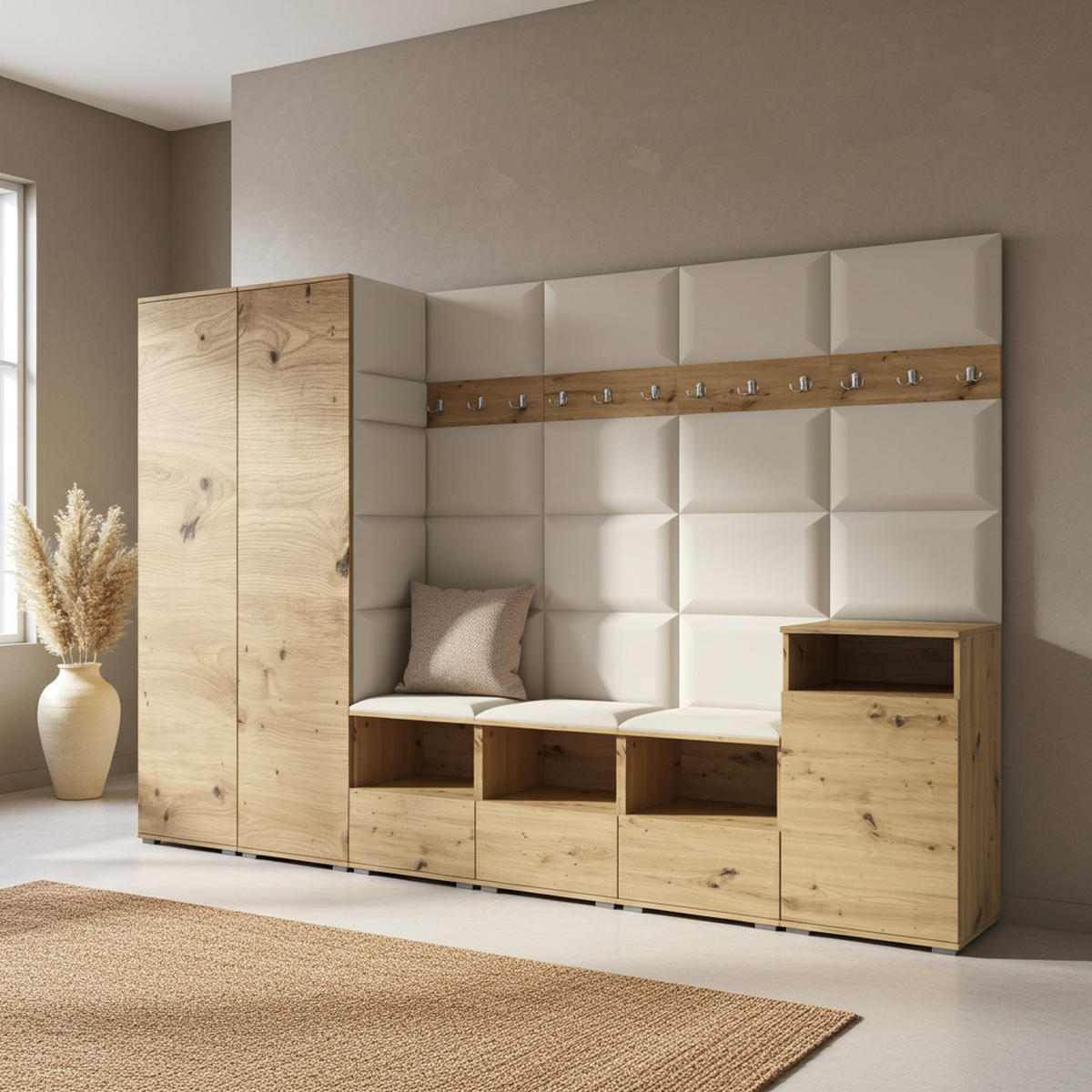 GARDEROBE NELA XII 300 cm (Modulare Flurmöbel Artisan Eiche mit Sitzpolster Creme 01 Gigantisches Set) - Silberfarben/Creme, Holz/Holzwerkstoff (300/187/40cm) - Ravio