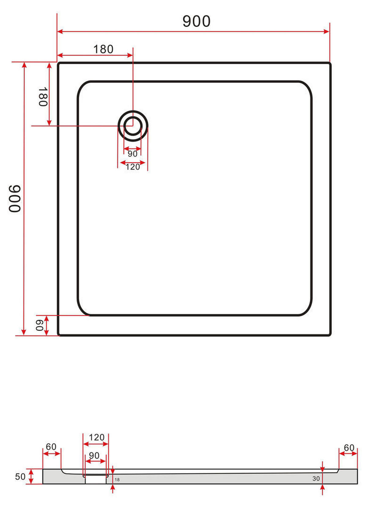 DUSCHTASSE Weiß 90 x 90 x 5 cm Sanitär-Acryl für U-Duschen - Weiß, Kunststoff (90/5/90cm) - Glasdeals