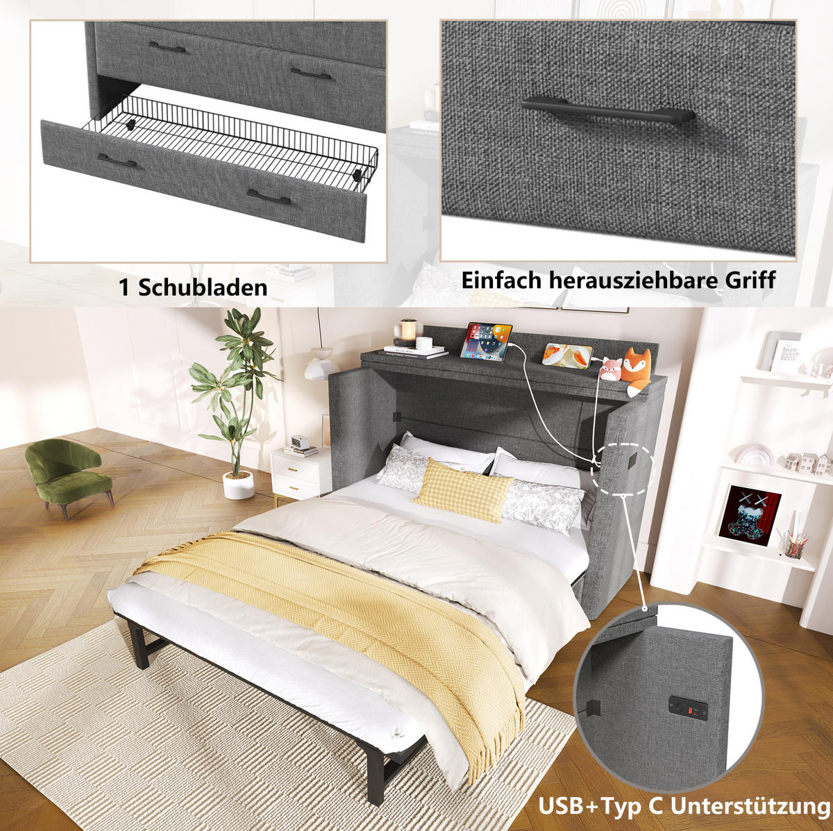 SCHRANKBETT 140/200 cm mit USB- und Typ-C-Anschluss, Schublade und wandelbarem Ablagefach aus Leinen, Grau - Grau, Textil (140/200cm) - Redom