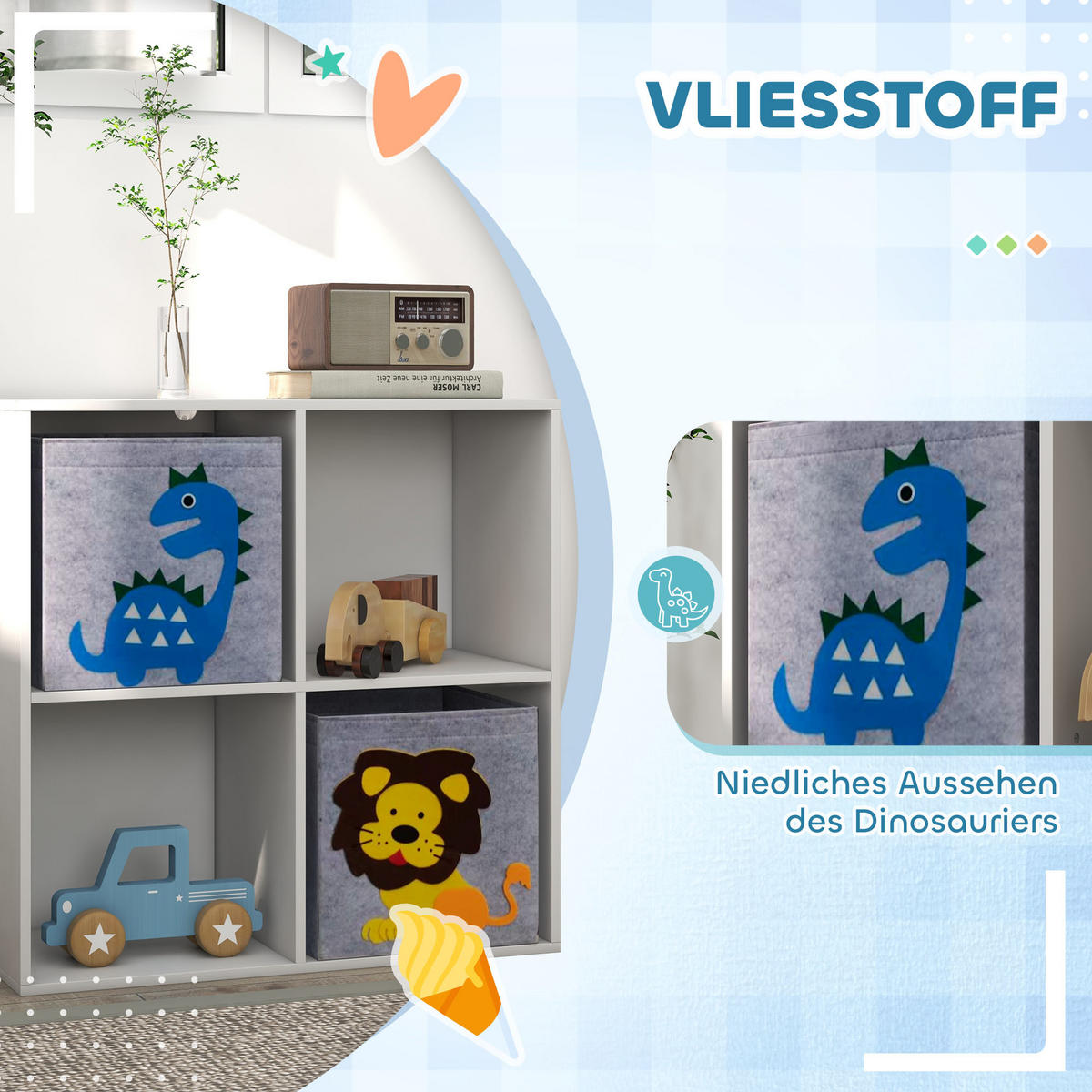 KINDERREGAL Bücherregal mit 2 Aufbewahrungsboxen für Kinderzimmer Weiß+Grau - Weiß, Holzwerkstoff (29.9/61.8/61.8cm) - ZONEKIZ