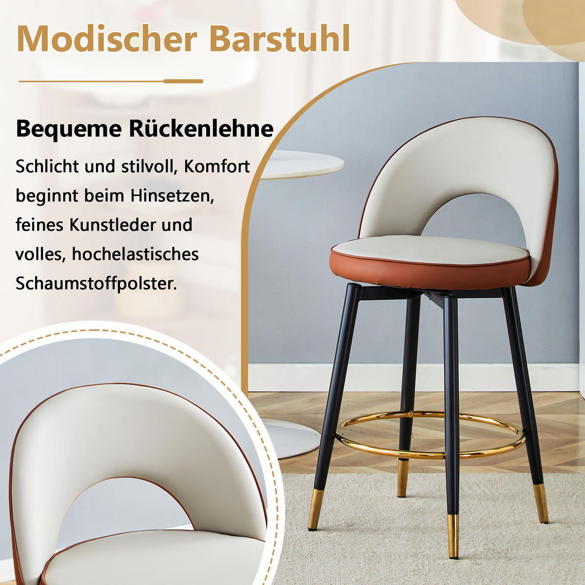 BARHOCKER 2er-Set Hellgrau/Braun mit PU-Leder und 360° Drehfunktion - Braun, Metall (47.4/92/44cm) - PANGIVO