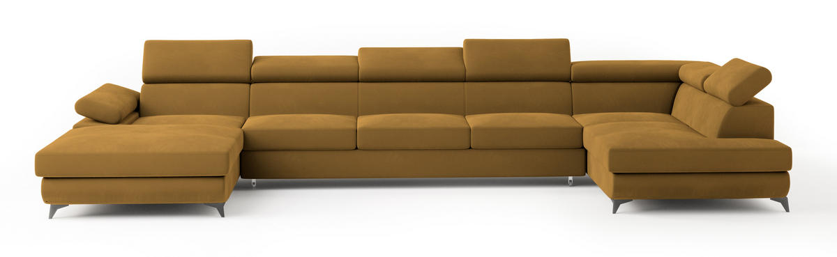 WOHNLANDSCHAFT MONTIVA Gelb Velours-Stoff mit Schlaffunktion - Gelb, Holz (410/89/190cm) - MASSENO