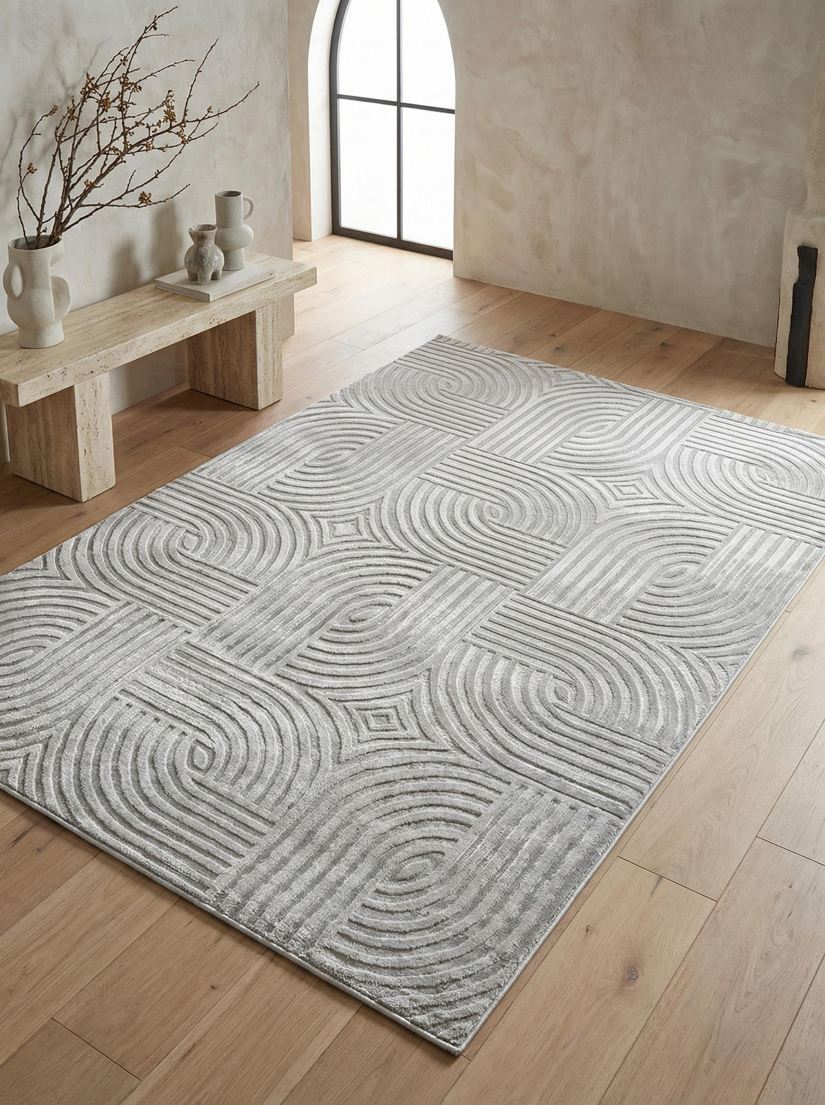 TEPPICH Kurzflor 3D-Struktur Polypropylen Wohnzimmer Silber Läufer 80x250 - Silberfarben, Textil (80/250cm) - KADIMA DESIGN