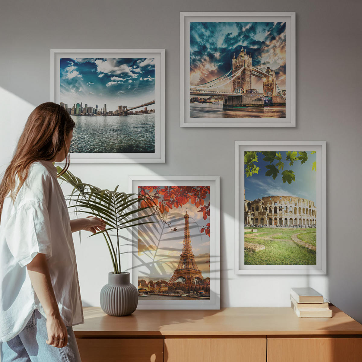 BILDER SET 4er Set - 50x50 cm & 40x60 cm Weißer Rahmen - Denkmäler Europas in warmen Farben - Weiß, Kunststoff (50/50cm) - TULUP