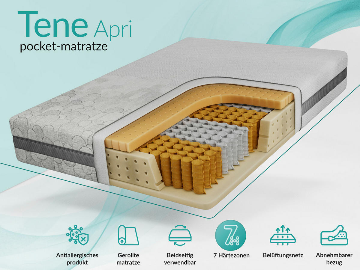 TASCHENMATRATZE TENE - 180/200 - H3 - Apri - Hellgrau, Textil (180/200cm) - MKS