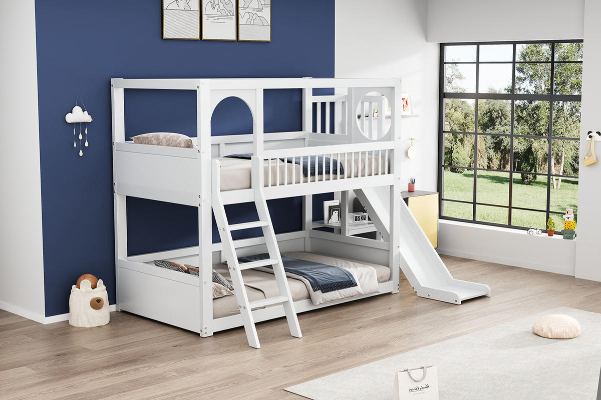 ETAGENBETT 90x200 Kinderbett Rutsche Regale Weiß - Weiß, Holzwerkstoff - FLIEKS