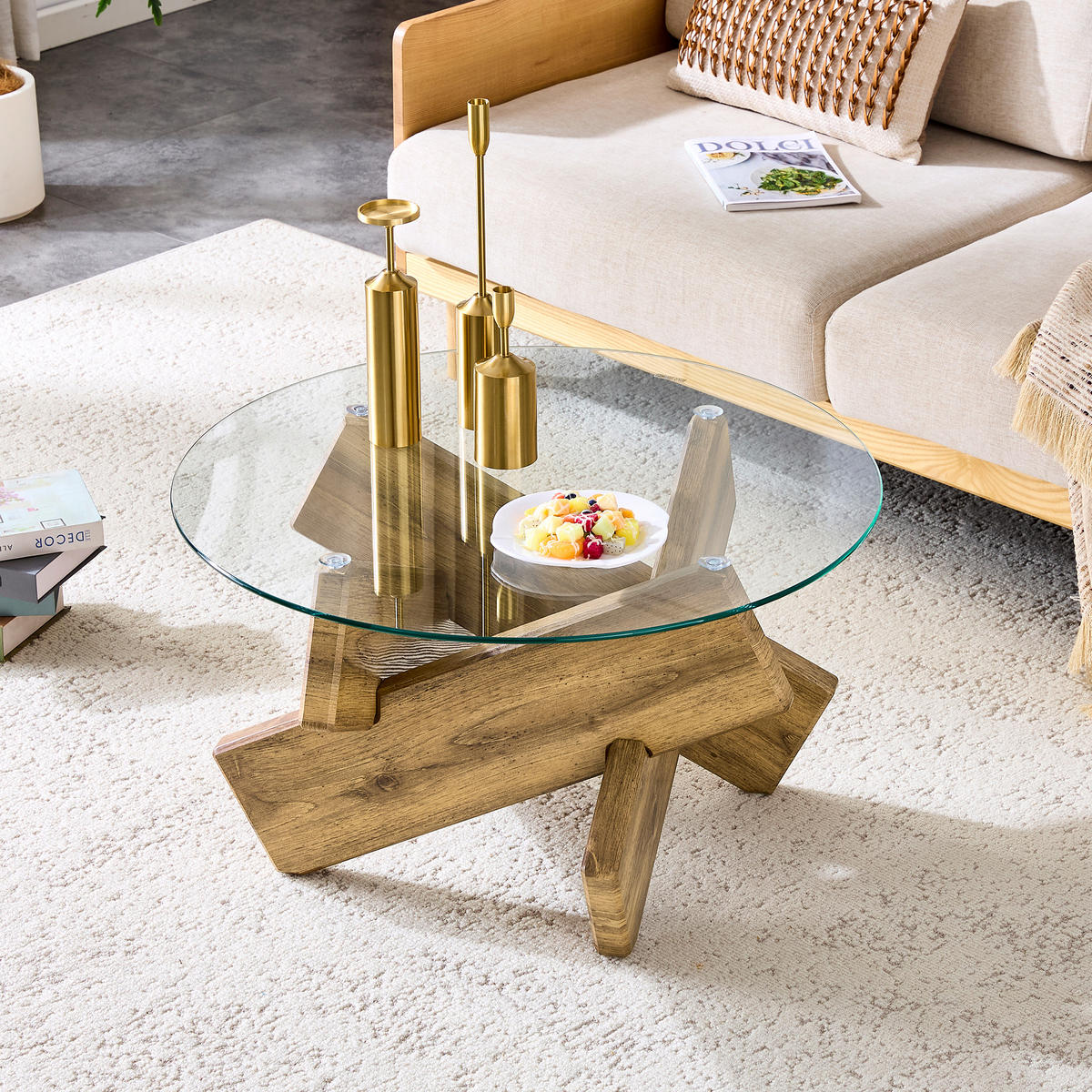 COUCHTISCH in Naturfarbe Wohnzimmertisch mit Kreativer kreuzförmiger Holzrahmen für Wohnzimmer, B79/T79/H45 cm - Transparent/Naturfarben, Glas/Holzwerkstoff (79/79/45cm) - STILVORA