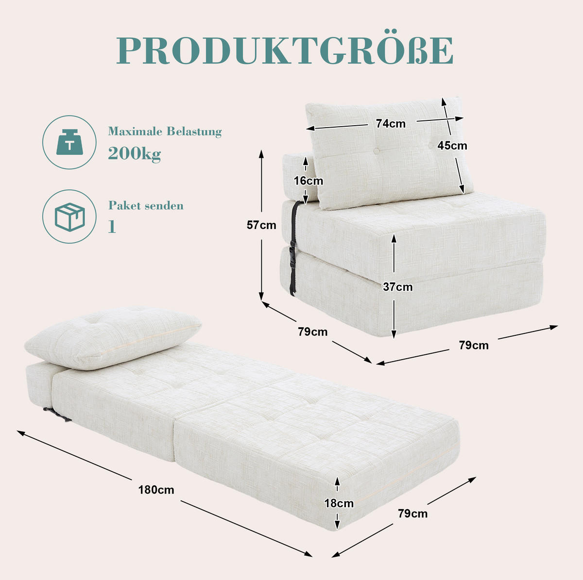 ROZKLÁDACÍ pohovka na spaní 79/180 cm béžová z chenille s polštáři a skládací konstrukcí - béžová, textil (79/57/79cm) - OKWISH