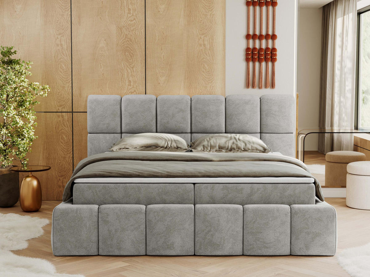 BOXBETT NIRA 140/200 - Hellgrau Strukture - H4 - Hellgrau, Holz/Textil (140/200cm) - MKS