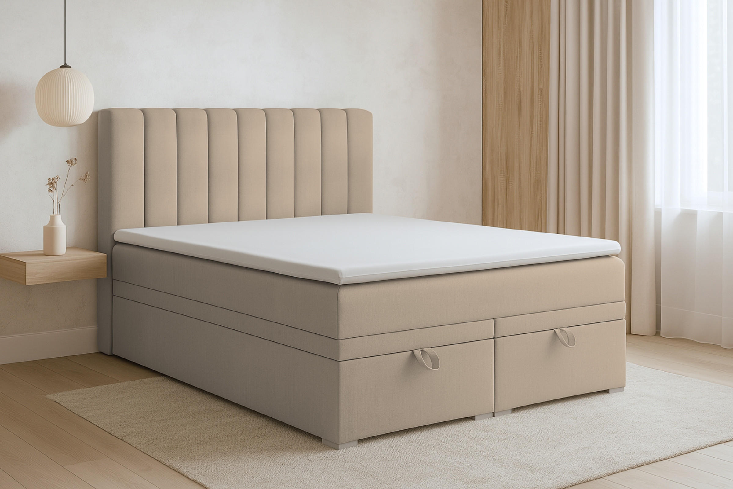 BOXBETT DAVID 200/200 Velour Beige mit einer Matratze H4 - Beige, Holz/Holzwerkstoff (200/200cm) - Deine Möbel 24