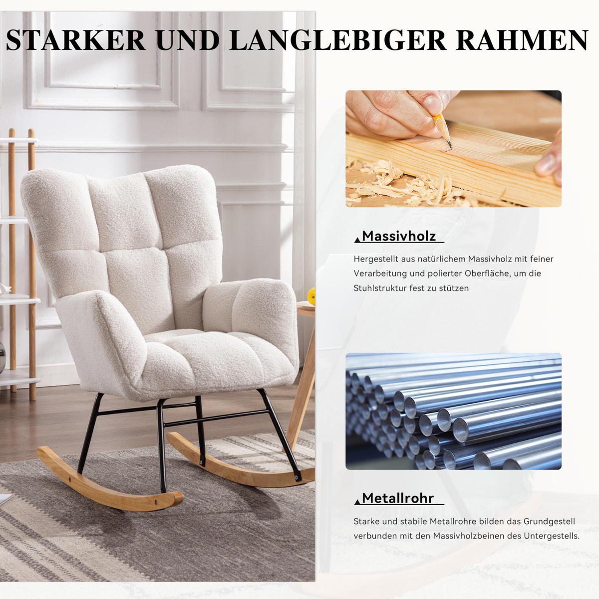 SCHAUKELSTUHL 80/70/95 cm weiß aus Lammfell-Optik mit hoher Rückenlehne - Weiß, Textil (70/95/80cm) - OKWISH