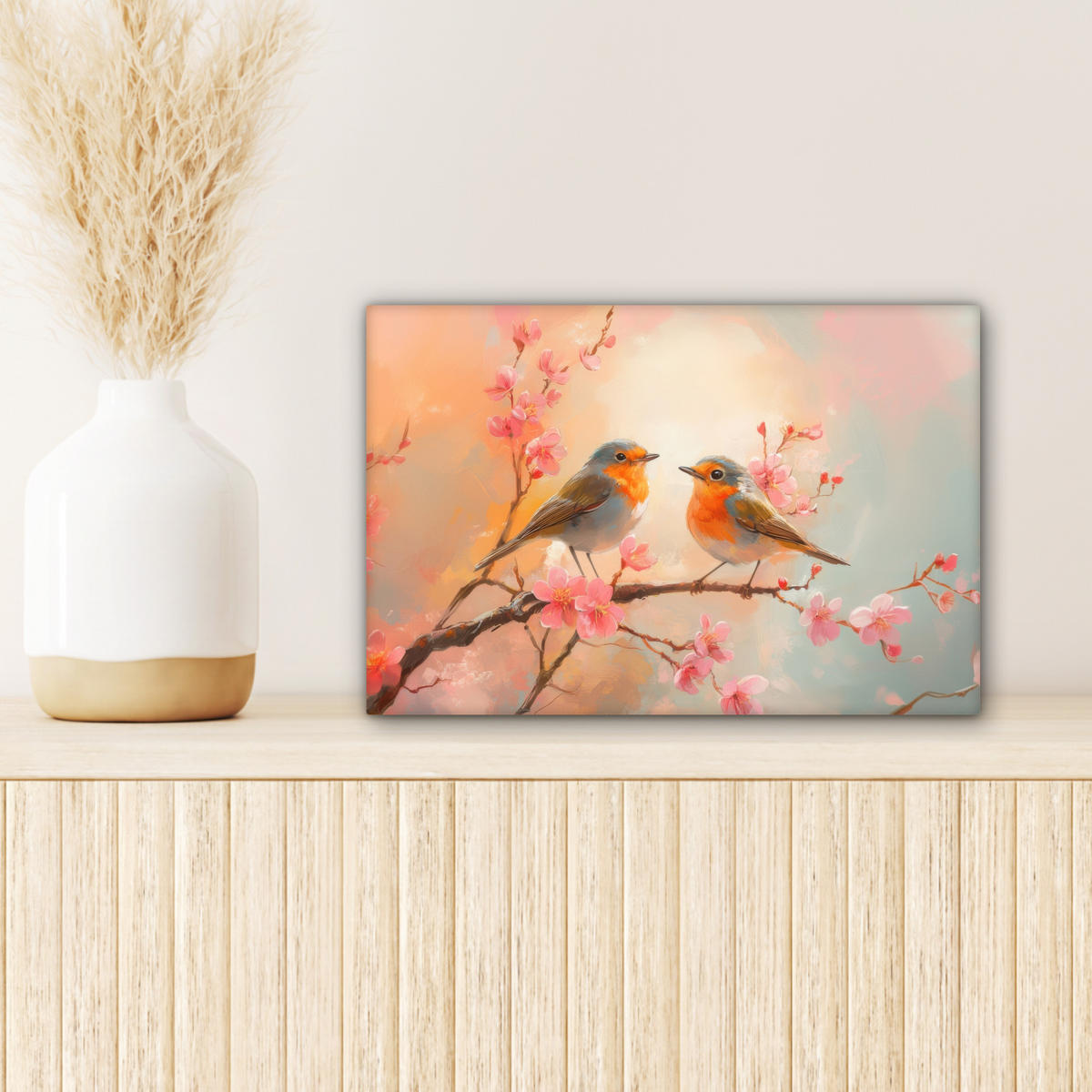 LEINWANDBILD Rotkehlchen - Zierpflanze - Blütenzweig Deko Schlafzimmer 30x20 cm - Hellrosa, Textil (30/20cm) - MuchoWow