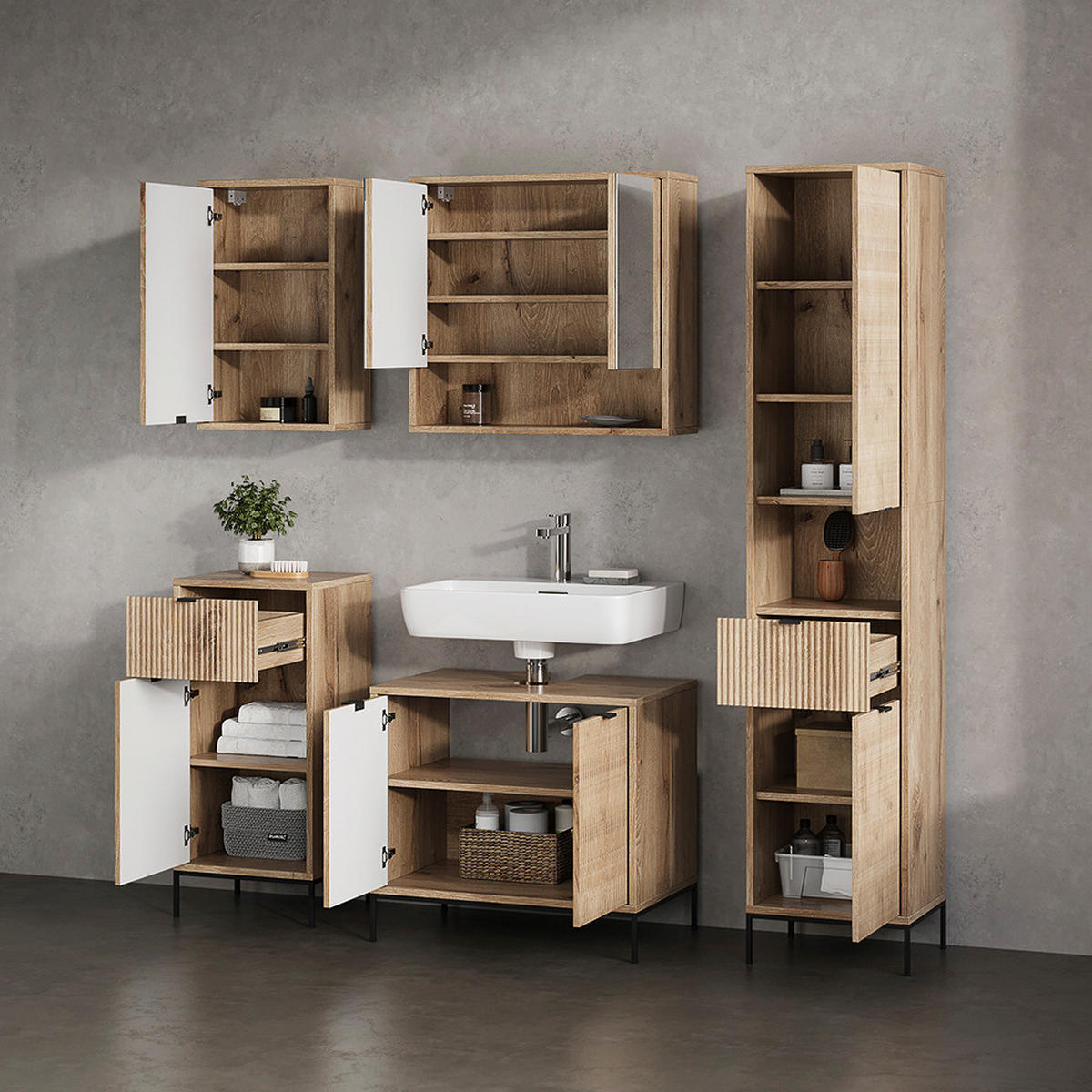 BADMÖBEL-SET ATERNO Viking Oak 5 Teile - Eiche Wotan, Holzwerkstoff (70/63/45cm) - Livinity®