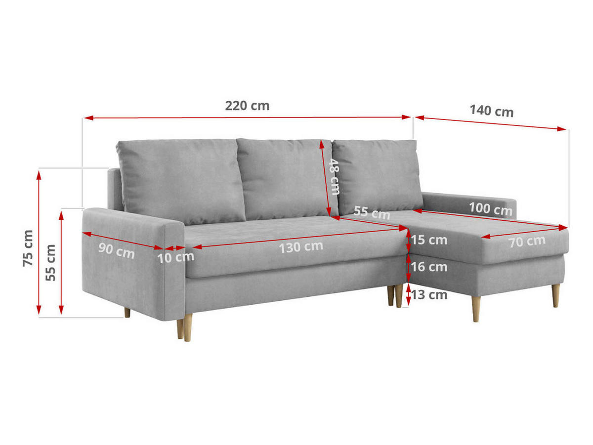 ECKSOFA Lang Velvet Hellgrau - Hellgrau/Braun, Holz/Textil (220/140cm) - MKS