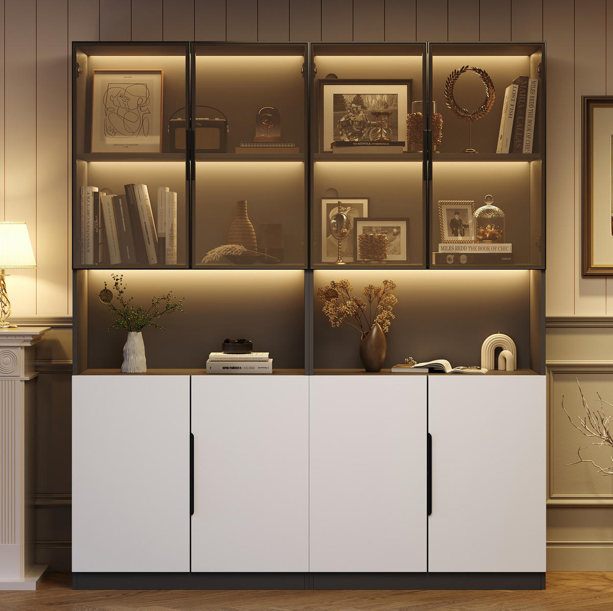 VITRINE aus Spanplatte 160x30x200 cm Weiß/Schwarz mit LED-Beleuchtung, Glastüren und Stauraum - Weiß, Holzwerkstoff (30/200/160cm) - IVMEU
