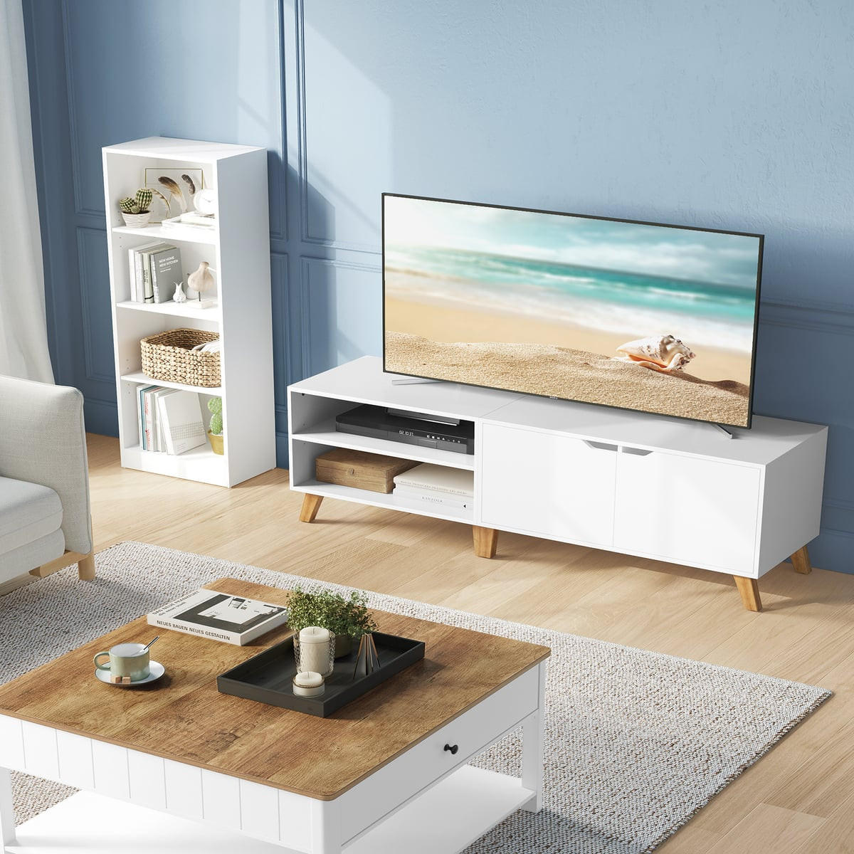 TV-MÖBEL 2 Fächer und 2 Türen weiß - L140 cm - Weiß, Holzwerkstoff (140/40/45cm) - Calicosy