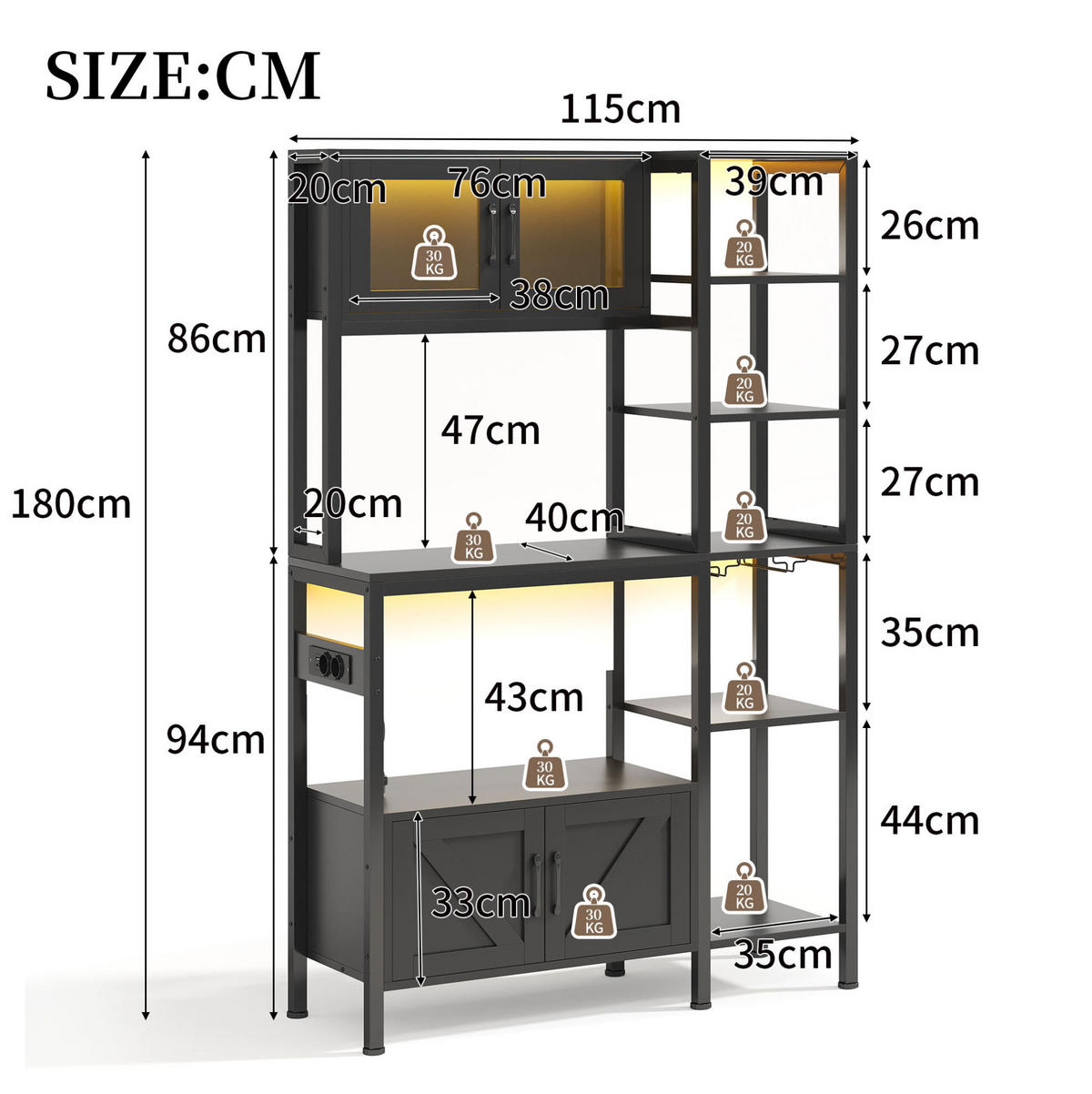 KÜCHENREGAL 115/40/180 cm mit LED-Beleuchtung, Steckdosenmodul und Stauraum, MDF und Stahl, Schwarz - Schwarz, Holzwerkstoff (115/180/40cm) - Redom