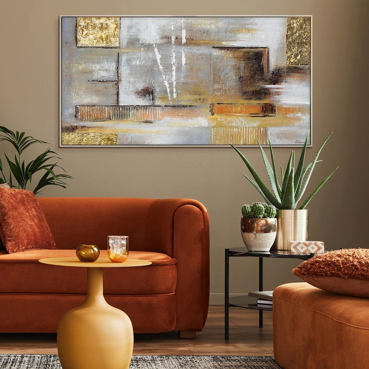 GEMÄLDE Goldene Abstraktion Schattenfugenrahmen beige 100x50 cm - Beige, Holz (100/50cm) - YS-art gallery