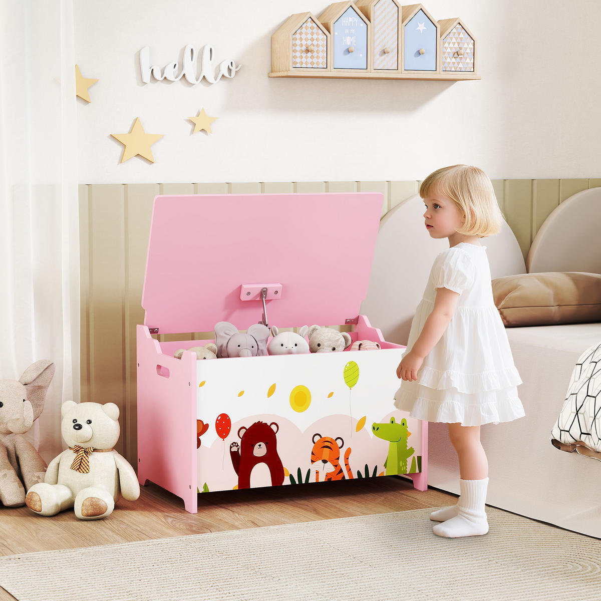 SPIELZEUGTRUHE DE-17271 klappbarer Deckel mit Tiermotiv Rosa - Pink, Holzwerkstoff (37/60cm) - ComfortXL