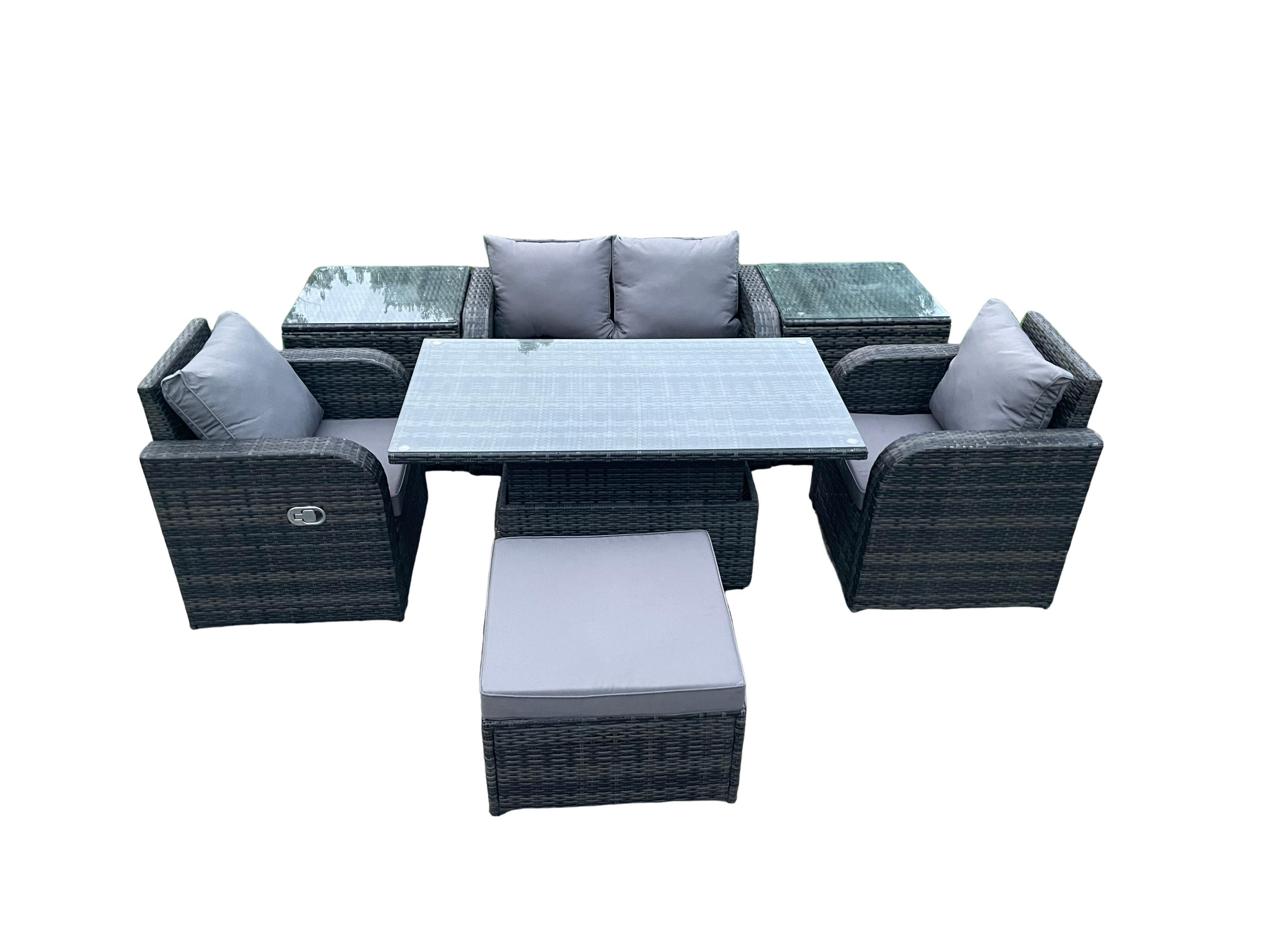 GARTENSET Polyrattan 5-Sitzer - Dunkelgrau/Grau, Glas/Kunststoff - Fimous