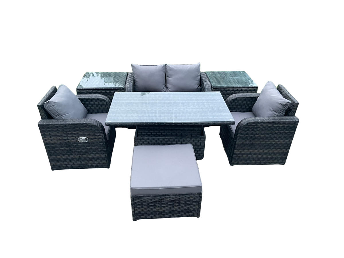 GARTENSET Polyrattan 5-Sitzer - Dunkelgrau/Grau, Glas/Kunststoff - Fimous