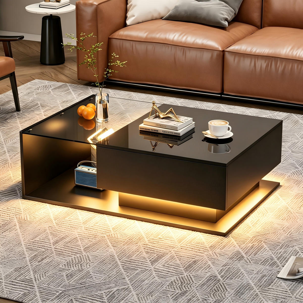 COUCHTISCH schwarz mit Hochglanzoberfläche und Glas-Elementen, App-gesteuerter Bluetooth-LED 100 × 50 × 32 cm - Schwarz, Holzwerkstoff (50/100/32cm) - Luhomfu