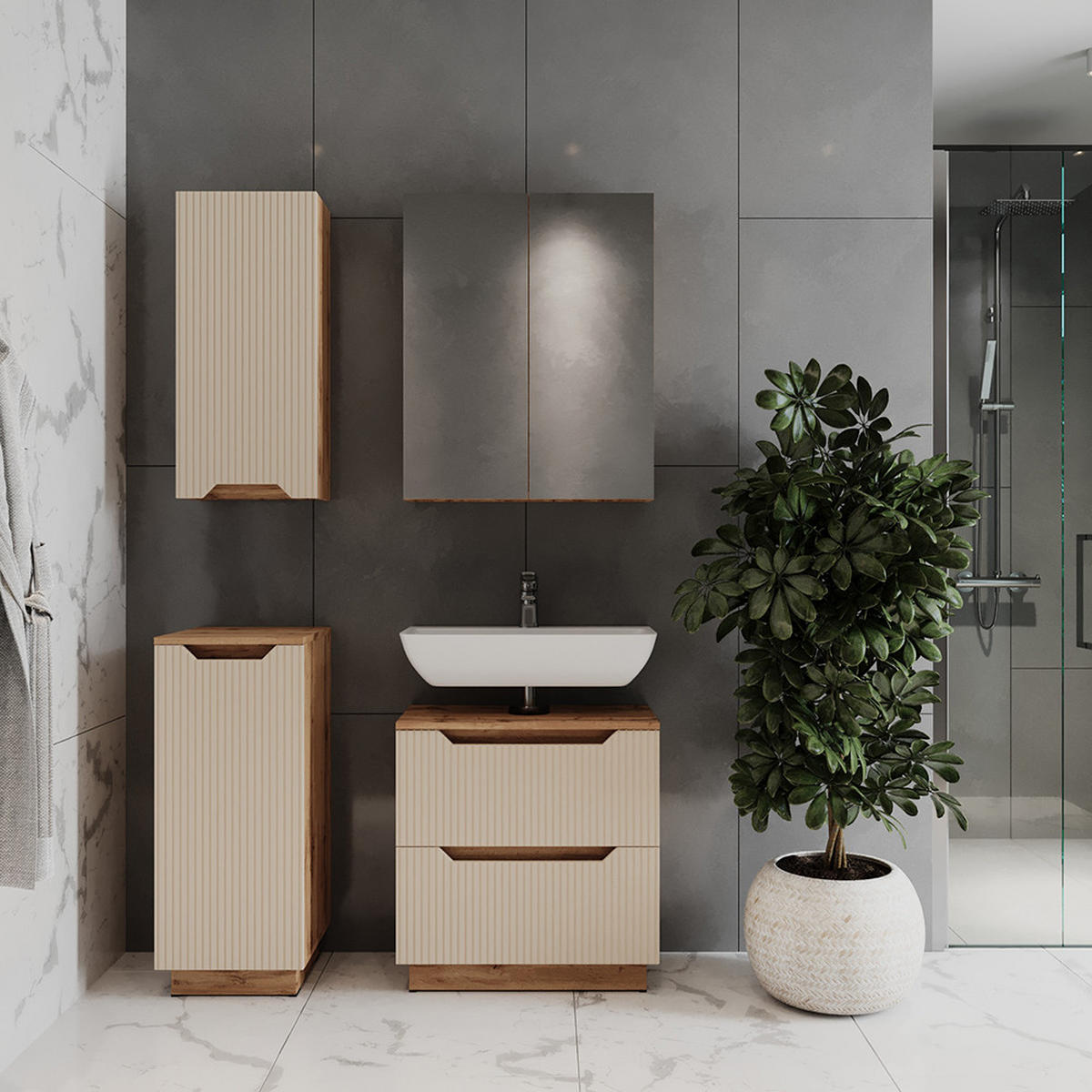 KOUPELNOVÝ NÁBYTEK Lotta Dubový/kašmírový pruhovaný - kašmírová/barva dubu, kompozitní dřevo (59.8/62.5/32cm) - Vicco