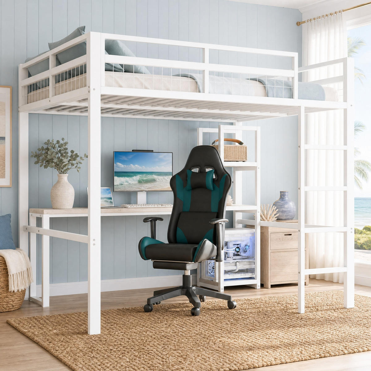 HOCHBETT 140/200 mit Schreibtisch Steckdose USB Type-C und Regalen in Weiß - Weiß, Holz/Holzwerkstoff (140/200cm) - EVRYAE